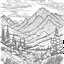 Placeholder: Outline art for coloring page with a cute mountain landscape white background, sketch style, only use outline, clean line art, white background, no shadows, clear outline