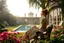 Placeholder: a luxury villa yard with pool in center and pretty plants trees flowers, morning mist, lost paradise atmosphere,a pretty model lady in victorian clothing resting in a comfort far in villa yard in flowers .