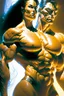 Placeholder: bodybuilder woman and man, Intense, Dramatic Lighting, Futuristic, Muscular, Athletic, Dynamic, sweat glistening, Intricate details, Digital illustration, energetic, High contrast, art by boris vallejo and greg rutkowski