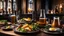 Placeholder: 142857, delightful, sensitive, delicious food, banquet, pewter tankards and pewter plates, beer, ale, confident, night, darkness, architecture, filled with delicious food, award-winning photograph, beautiful composition, chiascuro