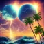 Placeholder: 1980's vaporwave aesthetic palm trees with lightning with solar eclipse in the ocean waves sunset