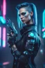 Placeholder: Beautiful augmented cyberpunk woman with gun in hand