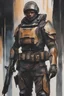 Placeholder: american sci-fi futuristic soldier in armor, watercolor style, ultra detailed character, simple background, oil painting style, dark colors, dramatic lighting