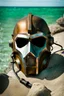 Placeholder: MF DOOM mask, rusted. Bottom of the ocean. Photograph.