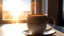 Placeholder: Clear, high-resolution image of a cappuccino coffee cup on the window during sunrise