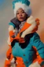 Placeholder: Perfect oil painting afro-victorian Snow covered mountain thick thighs snowbunny queen, Reisha Perlmutter Leng Jun Karol bak, muscular body, skin-tight orange and teal and white ski suit, teal and orange pixie cut Francisco Goya insanely detailed, award winning, masterpiece, perfectly centered subject, cinematic view, hyperrealist shading lighting