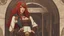 Placeholder: full body and headshot of a skinny Cleopatra, with long straight red hair, dressed as an assassin standing in a steampunk setting.