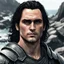 Placeholder: A portrait of Joaquin Phoenix in his early 30s, long beachy haircut, black hair, on a rocky island, in ebony armor from Skyrim, melancholic and dangerous facial expression, half-smiling, in the style of ink manga