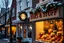 Placeholder: Neighborhood Storefronts, Shop display window in the neighborhood. Festive Christmas showcase. Teddy Bear shop with sign reading "BEARS & STUFF", Quaint, light snow, lights, twilight, Teddy bears of various sizes in window, Nostalgic. HD, Ultra-real