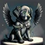 Placeholder: Lovesick , illustrated black and grey puppy dressed as cupid, cupid illustration, vintage valentines day colors, heavenly, romantic colors, realistic dog drawing, surreal, cartoonist, overexaggerated, detailed drawing, behance, Victorian inspired, art station, in the style of damien hirst