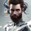 Placeholder: white cyberpunk cyborg men with 3 day beard portait realistic sci fi dirty face and cheap implants focused on face red and white bionic eyes no glasses techno