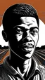 Placeholder: young black man, happy, sunset, running, ground, woodcut, Woodblock printing, xilogravura, Livio Abramo, Sérvulo Esmeraldo, Tarsila do Amaral, ultra sharp 8k uhd smooth sharp focus highly detailed hd trending on artforum illustration digital, head and shoulders, black and white