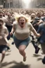 Placeholder: an obese terrified blonde woman desperately running away from an angry mob of hundreds chasing behind her