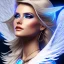 Placeholder: A beautiful portrait of a cute smiling cyberpunk woman with wings, long blond haire, high key lighting, volumetric light high details with white stripes and feathers and blue celtic paterns and glasses