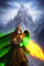 Placeholder: Powerful wizard using green magic, wearing dark cloak, Castle on mountains in background