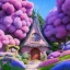 Placeholder: Pixar studio ghibli gnome mushroom cottage blue roof with blue flowers door, hydrangeas around house hills fantasy land beautiful flower landscape alien world pink puffy trees, stylized painting, 3d 4k octane render.