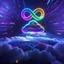 Placeholder: Colourful 3D glowing infinity symbol ∞, hovering above a colourful glowing cloud, network and lights coming from the cloud onto a futuristic map of the globe, inspiring, neon, glowing, friendly, beautiful, octane render, 8k post-production, artstation: award-winning: atmospheric: commanding: fantastical: clarity: 16k: ultra quality: striking: brilliance: liquid medium: stunning colors: amazing depth; lens: f/8, 28mm