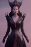 Placeholder: Geena Davis as evil queen in black leather gown, evil, busty, cleavage, curvy, angry, stern look. character design by cory loftis, fenghua zhong, ryohei hase, ismail inceoglu and ruan jia. unreal engine 5, artistic lighting, highly detailed, photorealistic, fantasy