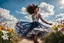 Placeholder: The camera zooms in, focusing sharply on beautiful black girl Lily wearing pretty dress as she dances gracefully in the same romantic environment with flowers and sky with nice clouds. Her joy and youth are presented against the backdrop of the surreal surroundings.