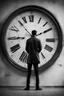 Placeholder: Concept photo, artistic photo, black and white, man in search of meaning, big clock