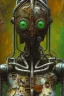 Placeholder: an abstract painting of rusted futuristic robot, by lucian freud, rust, scaffolding, iron cladding, decay, mixed media, textured, anatomically correct, beautiful woman perfect face, green eyes, sharp focus, highly detailed. desolate background