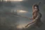 Placeholder: Warrior girl with black tears running down her cheeks, crouching down low at edge of thick forest looking at lake, at sunrise, observing, frightened, determined, with short sword, photo real