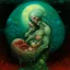 Placeholder: Visual Necromancy, zombie Madonna cradling an anthropomorphic worm baby on the moon, surrealist color oil painting, by Zdzislaw Beksinski, putrescence essence