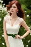 Placeholder: full shot body of Woman portrait with fairly pale skin , green eyes, long auburn hair, and wearing a pretty lace dress . Her outfit is a sexy dress , nice sport shoes. country side ,small lake with a house in side a lux car,