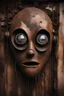 Placeholder: Face of a rusty metal robot, dark sad metal eyes, crying eyes , hanging mouth with loose metal teeth’s, spiderweb on the face, dark scenery, framed by old dirty wall, dust, broken parts 1965