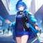 Placeholder: Clear focus,High resolution, Vibrant short blue hair, Vibrant blue eyes, Wearing a short skirt, Wearing a jacket,