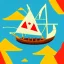 Placeholder: Legend Of Zelda: Wind Waker style Small wooden ship, with bright sails, on a vast ocean, stylized, celshaded, colorful, adventurous, frontal view, full view.