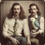 Placeholder: Awkward portrait Photo with a man and a woman, 30 years old sitting on chair, serious look, long 1960 hair and mustasch, polaroid camera style, holding small budgies