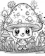 Placeholder: cute kawaii little mushroom person, colouring book page. simple and clean line art, children drawing book. Black and white only, crisp black lines, sharp lines, simple colouring page for adults, cartoon style, forest bushes background, black and white picture, lots of details, , Watercolor, trending on artstation, sharp focus, studio photo, intricate details, highly detailed, by greg rutkowski