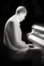 Placeholder: Hombre, pianista, tocando el piano, mirando hacia su derecha, fuertemente iluminado desde, blanco y negro vaporoso, al estilo del fotógrafo Hugo Alonso