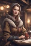 Placeholder: DnD style, medieval beautiful woman dressed in warm winter clothes sitting in a tavern