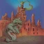 Placeholder: toon ghost kaiju destroying a castle by walt disney and dali