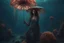 Placeholder: tall slim woman in ragged, torn clothing, in an underwater scene, holding an umbrella made from a jellyfish, detailed matte painting, deep colour, fantastical, intricate detail, complementary colours, fantasy concept art, 8k resolution, Unreal Engine 5