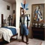 Placeholder: jean Rochefort standing in his bedroom as the don quixone of pablo picasso: he is foutraque, in half silver armour, a painted kabyle pot on his head, sandals on his feet, executing a sally walk