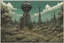 Placeholder: radio tower, overgrown apocalyptic, background, comic book,