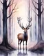 Placeholder: night, deer with antlers standing sideways, looking at viewer, realistic water color painted, among light colored tall simplified tree trunks, foggy, digital painting, Easter Spring pastel colors, colorful, dark background