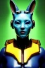 Placeholder: Medium Close Up Portrait, Front image. cyberpunk, rabbit mask, Chinese woman, yellow short hair. latex, titanium suit. Yellow, black, red, color. Ghost in the shell style. Color background, photo studio. Avatar image, highly detailed, concept art, smooth, unreal engine 5, god rays, ray tracing, RTX, lumen lighting, ultra detail, volumetric lighting, 3d, finely drawn, high definition, high resolution.