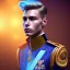 Placeholder: Portrait of an handsome man, prince, galactic, glitter blue velvet suit with jewels and stripes, blond hair, blue eyes, cinematic lights unreal engine 5, 4k, high details, beam and stars in background