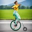 Placeholder: a very beautiful lady with makeup and bub hair, wearing a pretty blue-green sports pants an top, shows her performance driving a Unicycle Wheel Bike