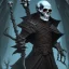 Placeholder: Evil Old human Necromancer in dark robes in a dark cave covered in darkness and bones with skeletons surrounding