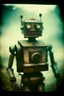 Placeholder: steampunk, vintage analog polaroid of a woman robot, female body, fog, lomography, heavy film grain, night, color bleed, depth of field, bokeh, retro