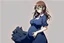 Placeholder: full body of a brown haired anime manga pregnant girl in dark blue dress with eyeglasses