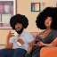 Placeholder: 30 years old slim handsome black man with trim hair and 28 years old curvy lady with afro hairstyle eating and watching television in a beautiful sitting room, digital painting, digital illustration, extreme detail, digital art, 4k, ultra hd