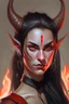 Placeholder: Portrait of a young and beautiful female Tiefling bard with red skin, two horns emerging from her forehead and long black hair with sidebangs and a ponytail. She has fiery eyes and a smirk on her face.