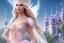 Placeholder: castle in background, beautiful, soft, big smiling, straight and long blonde hair, blues eyes, dewy and shiny atmosphere, diamond crown, long fairy wings in the back, full head, pink veil clothes