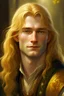 Placeholder: A young serene Lord Of The Rings like man with mid-length golden hair that cascades gracefully. His open eyes, with blind pupils, reflect a depth of wisdom and inner peace. A gentle smile graces his face, adding warmth to his tranquil demeanor.